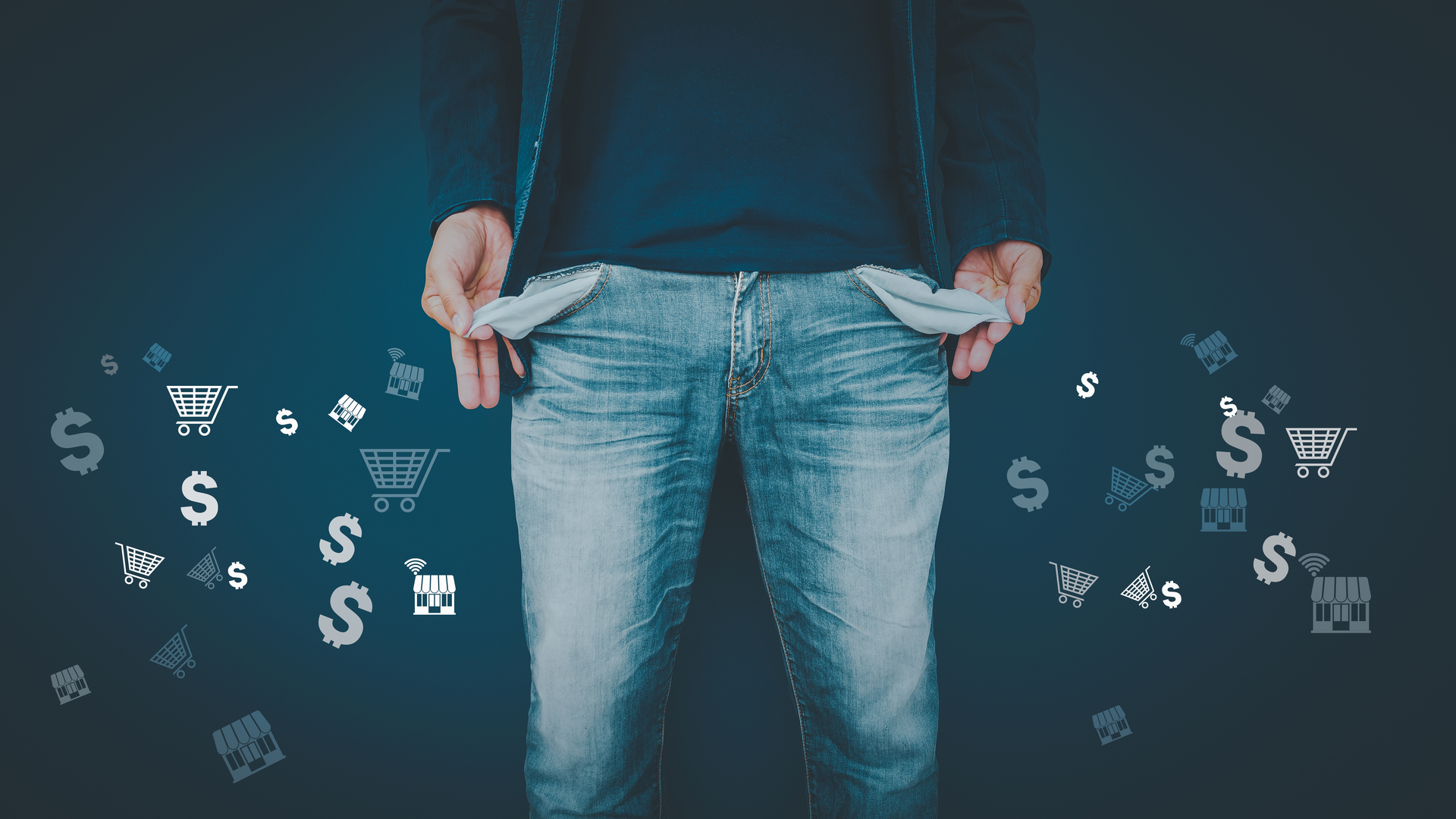 Man showing his empty pockets with many shopping online.